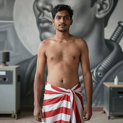 Shirtless Man Wearing Striped Cloth in Industrial Setting