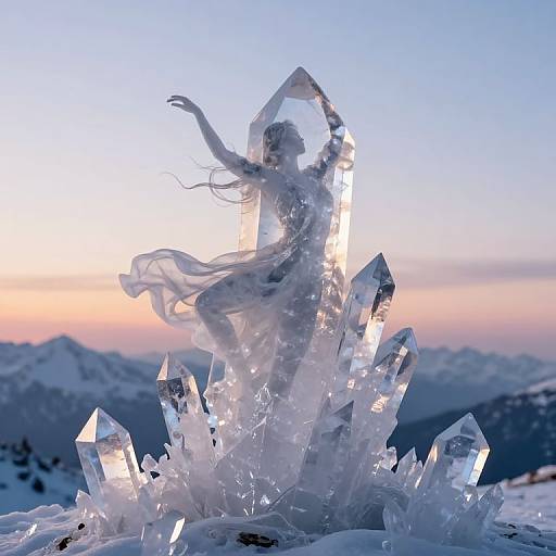 Photograph of a translucent, ethereal figure dancing among glowing, crystalline ice formations in a snowy mountain landscape at sunset.
