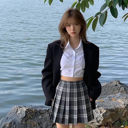 Young woman by calm lake