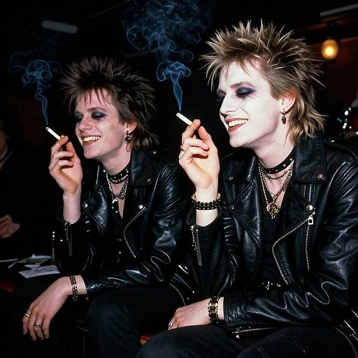 Photograph of two punk-rockers with spiky hair, black leather jackets, heavy makeup, and grins, smoking cigarettes, exuding rebellious