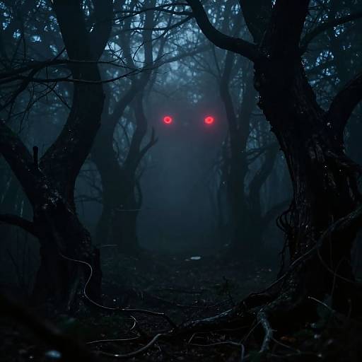 Photograph of a dark, eerie forest at night with bare, twisted trees and glowing red eyes in the misty background.