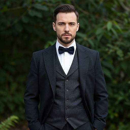 Photograph of a handsome, bearded man with fair skin, dark hair, and blue eyes, wearing a black three-piece suit, white shirt,