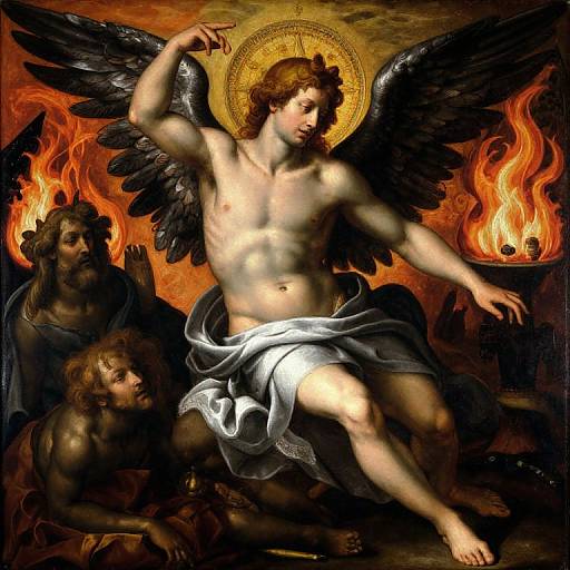 Baroque painting of muscular, winged Jesus with halo, draped in white cloth, surrounded by two kneeling, dark-haired figures, with fiery flames in