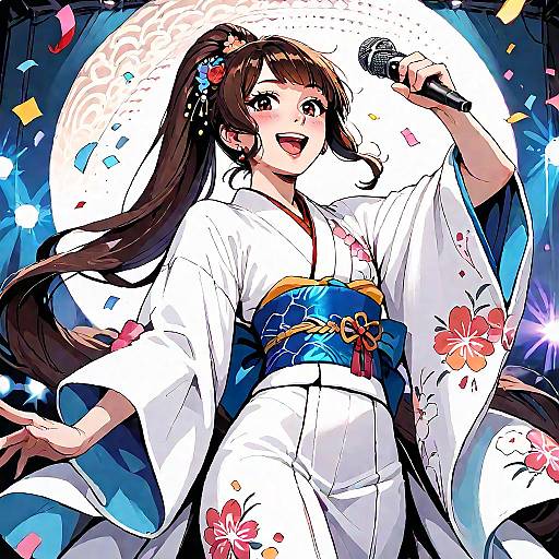 Joyful Idol in White Furisode Kimono