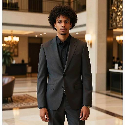 Photograph of a young Black man with curly hair, wearing a black suit and black shirt, standing confidently in a luxurious, warmly-lit hotel lobby
