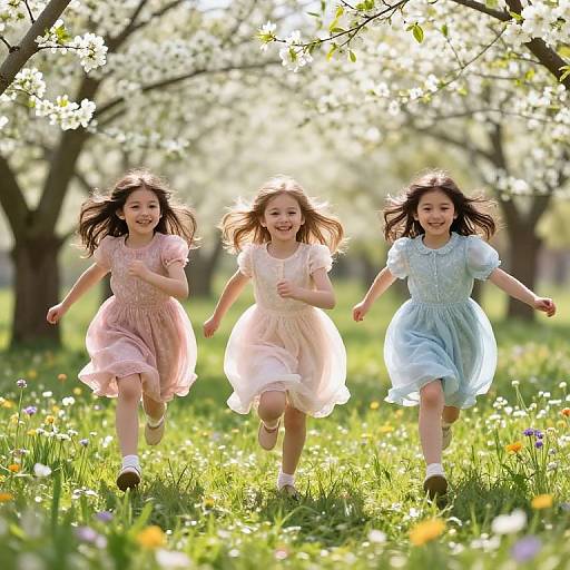 Joyful Girls Running in Spring Meadow