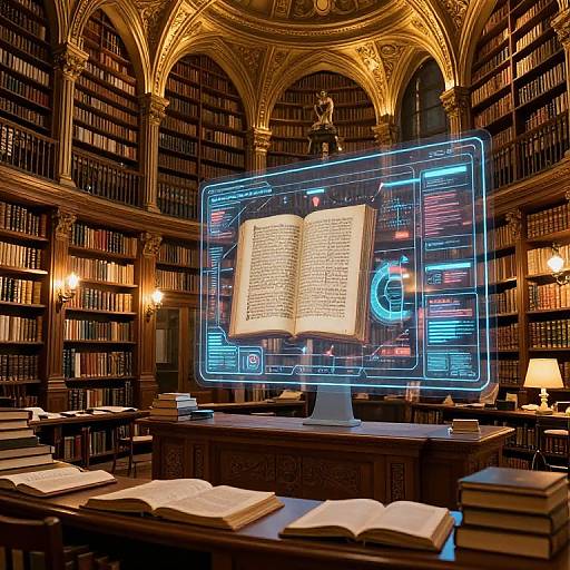 Photograph of a grand, dimly lit library with ornate arches, glowing holographic book displaying illuminated text on a pedestal, surrounded by open