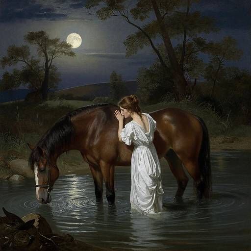 Nighttime painting of a woman in a white dress gently touching a dark brown horse's neck while standing in a moonlit, reflective pond.