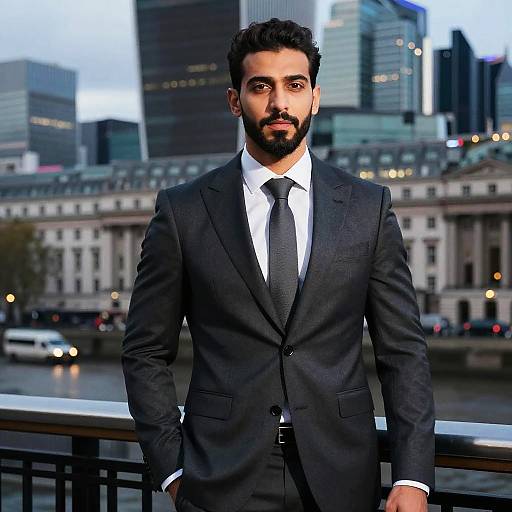 Photograph of a bearded man with dark curly hair, wearing a black suit, white shirt, and black tie, standing on a bridge in a