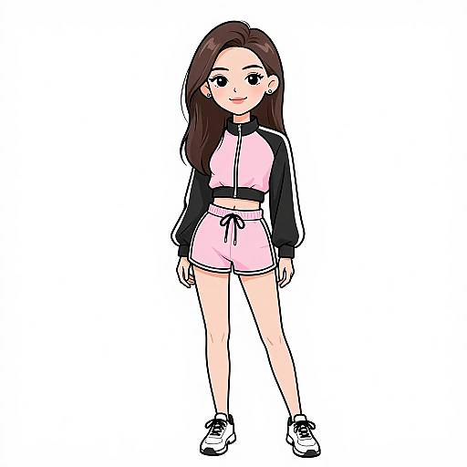 Digital anime-style drawing of a young woman with long brown hair, wearing a pink and black zip-up jacket, pink shorts, and white sneakers, standing