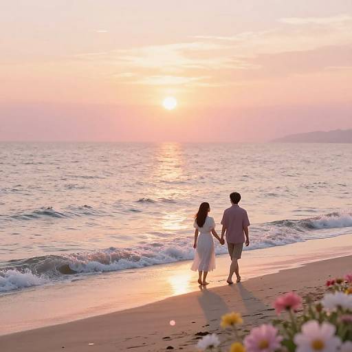 Photograph of a couple holding hands, walking on a sandy beach at sunset, with colorful flowers in the foreground and gentle waves in the background.