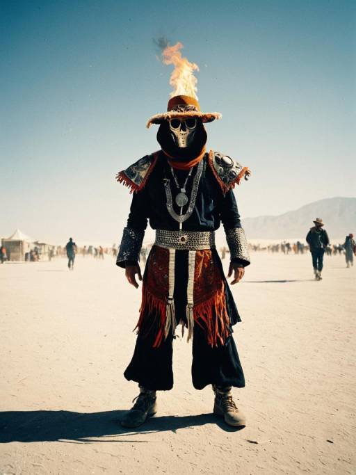 Man in Burning Man Costume with Flaming Hat