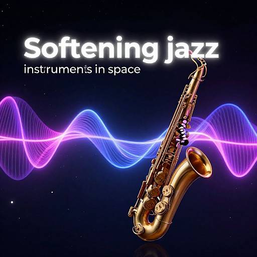 Photograph-style digital art: Golden saxophone against black background with pink and blue neon waves, text 