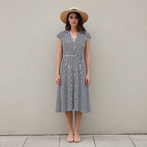 Photograph of a young woman with wavy brown hair, wearing a black-and-white striped dress, straw hat, and nude flats, standing against a