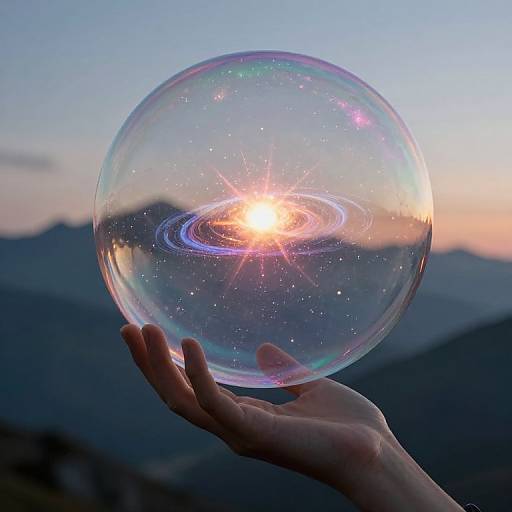 Photograph of a hand holding a clear, glowing bubble with a sun and galaxy inside, set against a twilight mountain landscape.