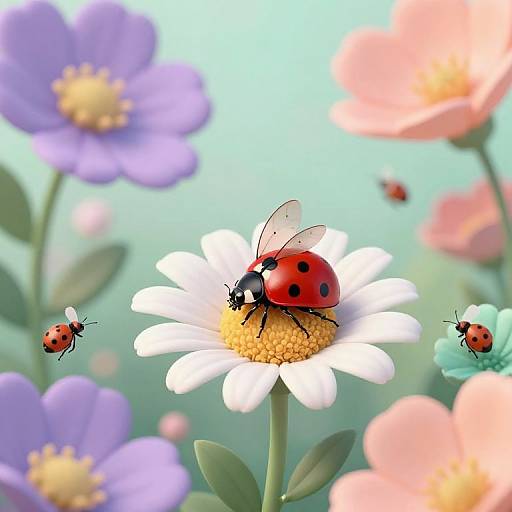 Digital illustration of a red ladybug with black spots on a white daisy, surrounded by purple and pink flowers, with two other ladybugs in the