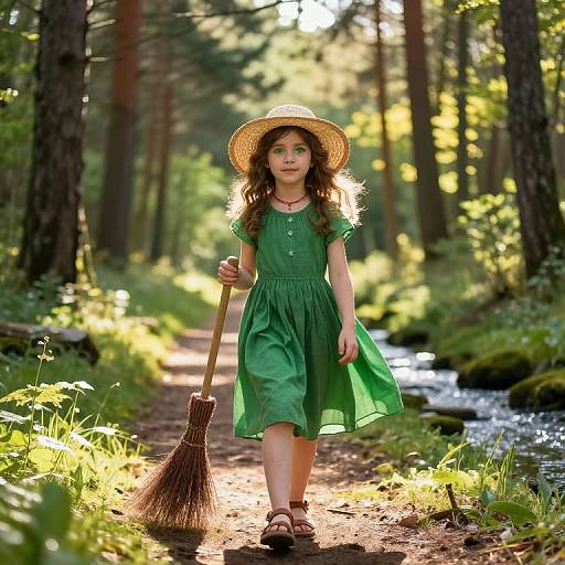Photograph of a young girl with curly brown hair, wearing a green dress and straw hat, holding a broom, walking on a forest path with