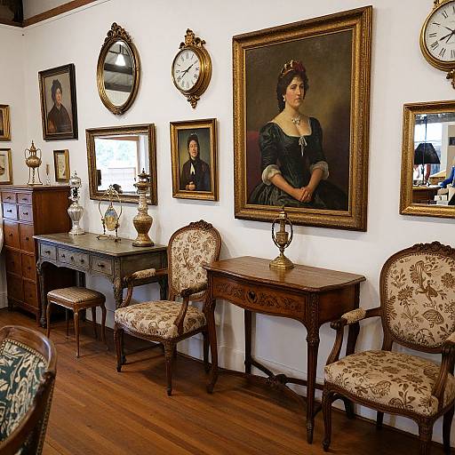 Vintage-themed room with ornate furniture, floral-patterned chairs, and antique portraits, clocks, and mirrors on white walls, wooden floor.