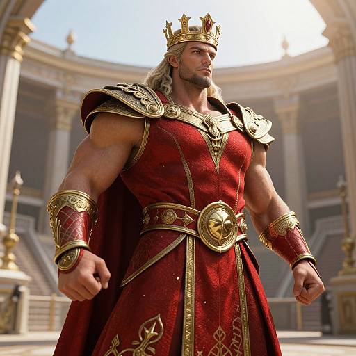 CGI image of a muscular, blonde, bearded king in a red, gold-embellished royal outfit with a crown, standing in a