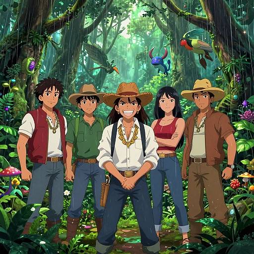 Anime-style digital illustration of four adventurers in a lush, rainforest setting with colorful birds and vibrant flora. They wear casual, adventure attire and stand confidently