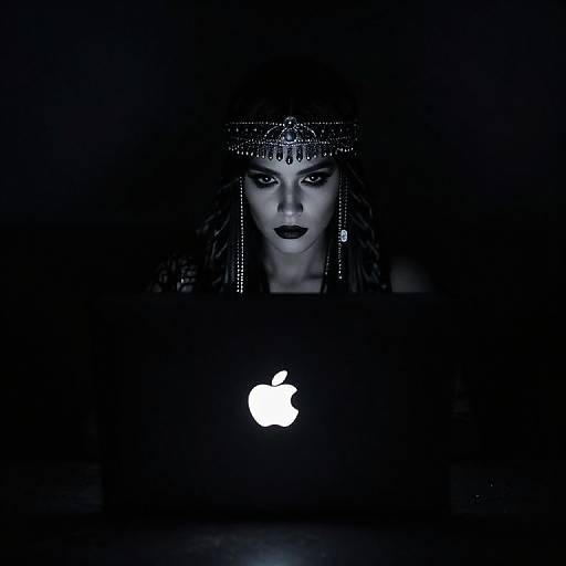 Dark photograph of a mysterious woman with black lipstick, intricate headpiece, and dreads, staring intensely at a glowing Apple laptop.