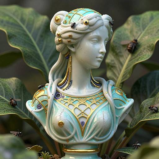Photograph of a white, intricately detailed porcelain statue of a serene woman with golden and blue jewelry, set against lush green leaves with black berries.
