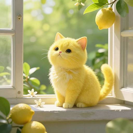 Adorable yellow kitten with fluffy fur sits in sunlit window, gazing up at hanging lemon, surrounded by lemon leaves and fruits. Photorealistic