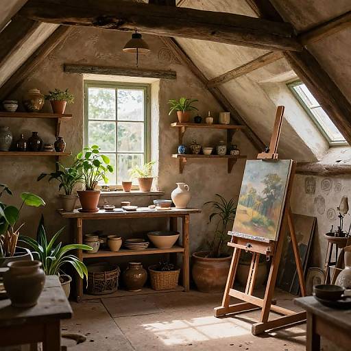 Cozy, sunlit attic studio with potted plants, wooden shelves, a painting easel, and a window, showcasing a serene, artistic haven