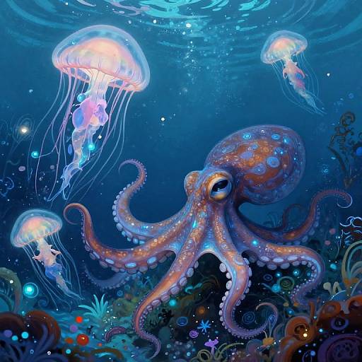 Vibrant underwater scene featuring a glowing orange octopus with blue accents, surrounded by four luminous jellyfish, amidst colorful coral and marine life in