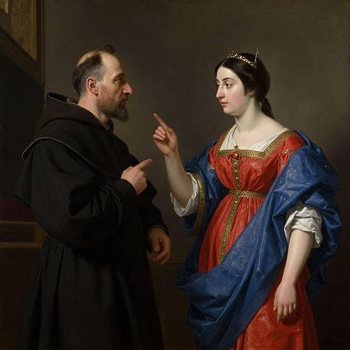 Baroque-style painting of a bearded man in black robe pointing, and a fair-skinned woman in red and blue dress, with crown, looking