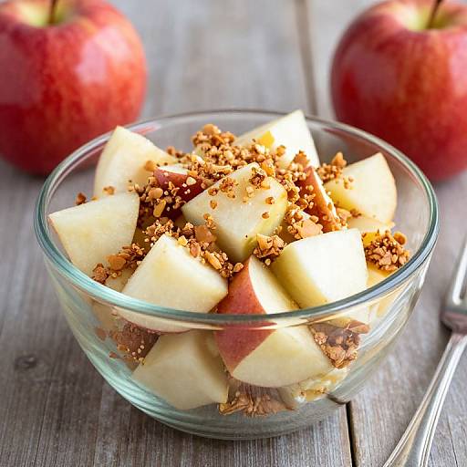 Photograph of a glass bowl filled with diced apples, sprinkled with crumb topping, on a wooden surface with two red apples in the background.