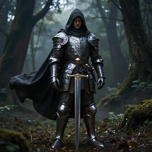 Photorealistic digital art of a hooded armored knight with glowing armor, standing in a misty forest, holding a sword with a golden hilt