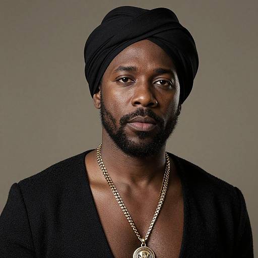 Photograph of a serious African-American man with dark skin, black turban, beard, black shirt, and gold chain against a gray background.