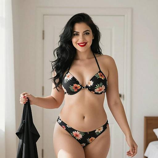 Photograph of a smiling woman with long black hair, wearing a black floral bikini, holding a black garment, standing in a bright, white-walled