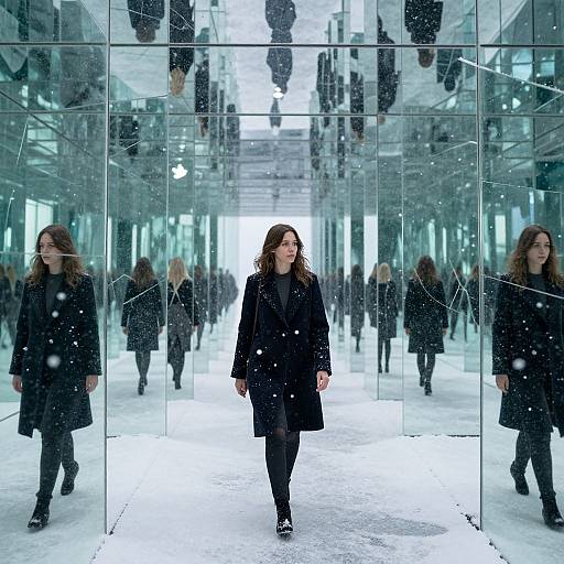 Photograph of a woman with wavy brown hair in a black coat walking through a modern, mirrored glass hallway with snow falling, reflections creating a surreal