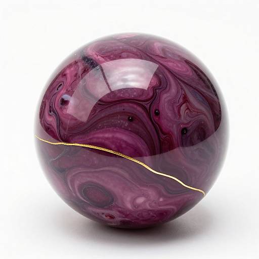 Photograph of a glossy, marbled purple marble sphere with black swirls, featuring a thin, golden streak across its lower half.