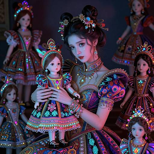 Ethereal Woman with Glowing Dolls