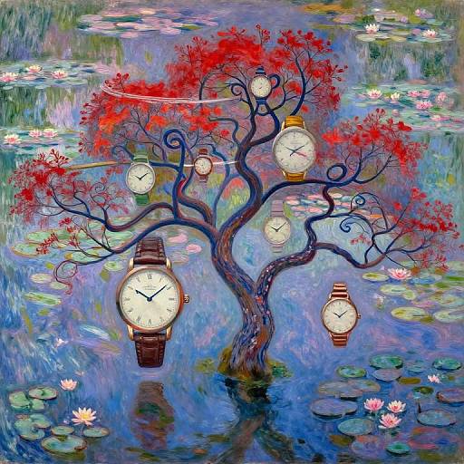 Digital painting of a tree with vibrant red leaves, floating wristwatches, surrounded by lily pads and pink lotus flowers in a reflective, colorful