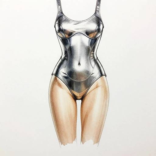 Digital drawing of a woman in a shiny, black, one-piece swimsuit highlighting her slim waist and curvy hips, with white background.