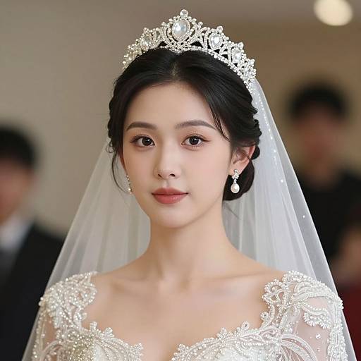 Photograph of an East Asian bride with pale skin, black hair in an updo, wearing a white lace wedding dress, tiara, veil,