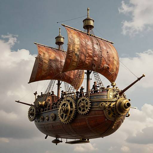 Photograph of an intricately detailed, steampunk-style wooden airship with rusted brown sails, large brass gears, and two mast tops,