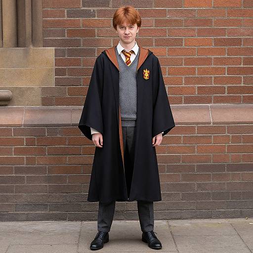 Photograph of a young boy with red hair, wearing a Hogwarts robe, gray vest, white shirt, red tie, and black shoes, standing in