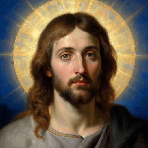 Digital painting of Jesus Christ with long brown hair, beard, and a golden halo, set against a blue background. He has a calm, gentle expression