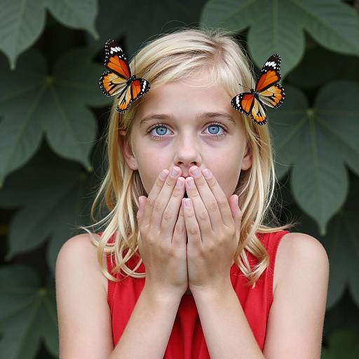 Blonde Girl with Butterflies and Surprised Expression
