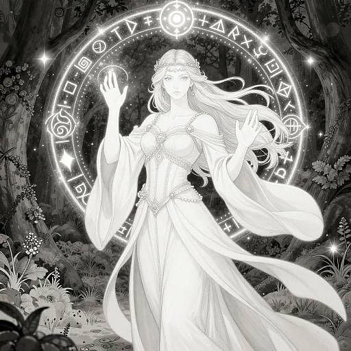 Fantasy Sorceress Casting Spell Line Art