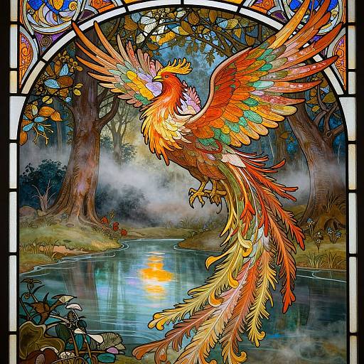 Stunning stained glass artwork of a vibrant, multicolored phoenix with outstretched wings, perched over a misty forest pond with a glowing
