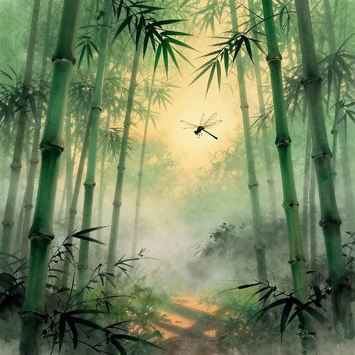 Digital artwork of a dense bamboo forest with tall, green stalks, misty atmosphere, and a glowing yellow-orange light filtering through.
