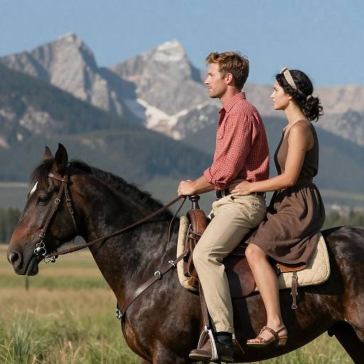 Couple Riding Horse in Rocky Mountain Landscape