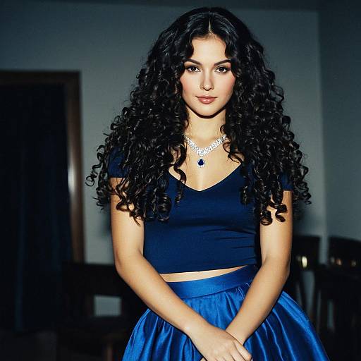 Woman with Curly Hair Wearing Blue Outfit and Necklace
