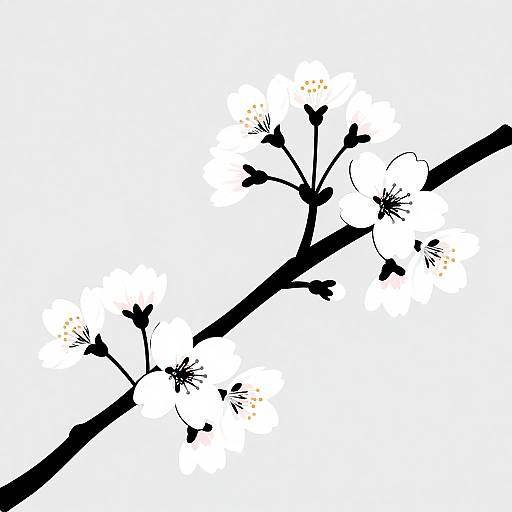 Black silhouette of a branching cherry blossom tree with delicate flowers and small yellow dots, set against a white background. Digital artwork.